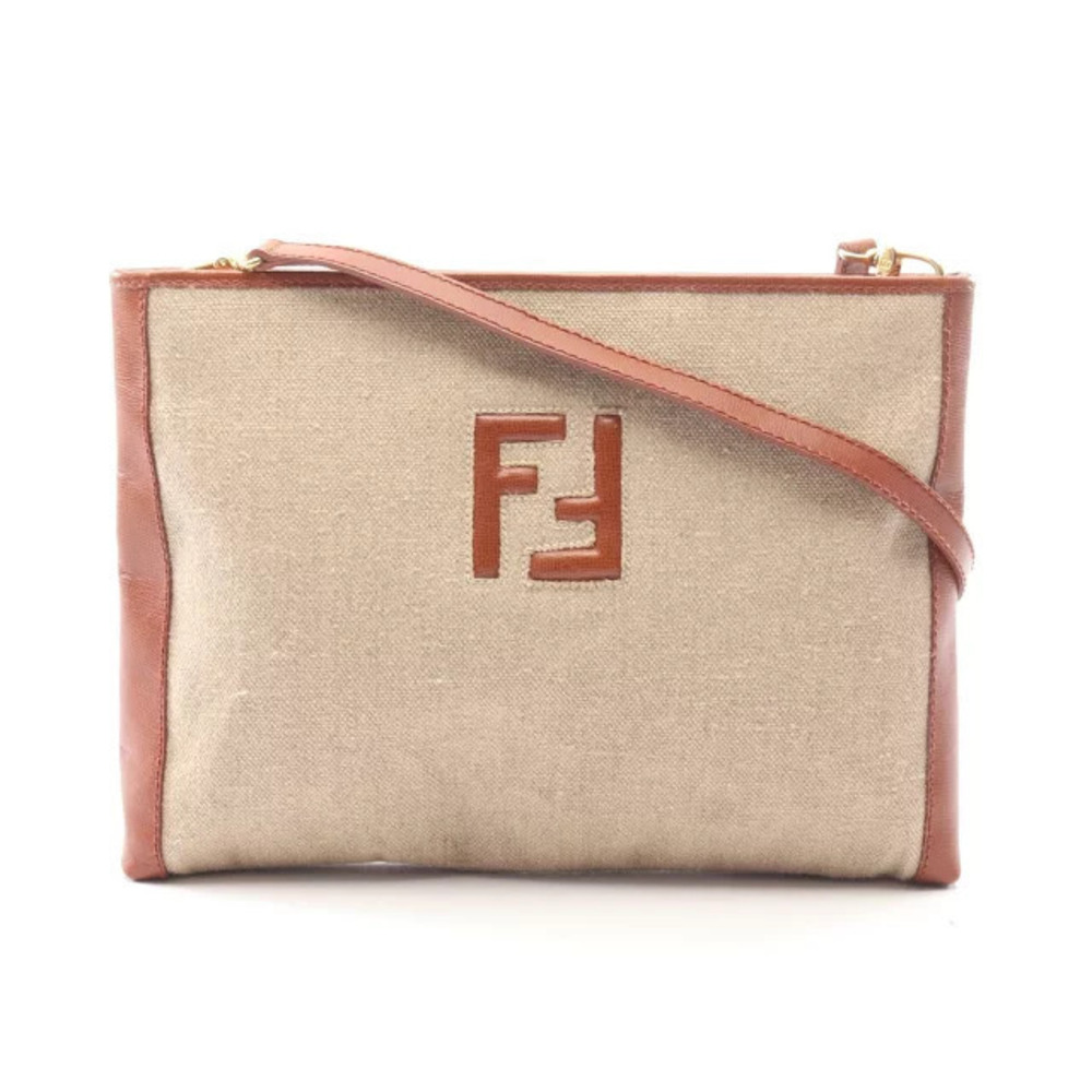 Fendi FF Shoulder Bag Canvas Leather Beige Cream Brown